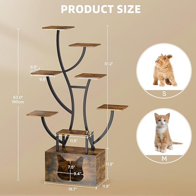 YITAHOME Tall Bookshelf with LED Light, Artistically Designed Tree Bookshelf with Cats Litter Box, 8-Tier Unique Bookshelves Corner Display Shelf for Home Office, Bedroom