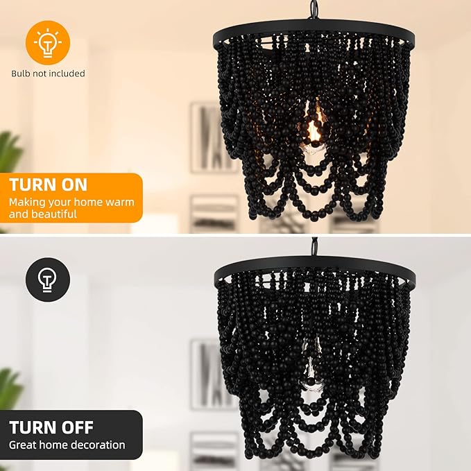 Boho Beaded Chandelier 15" Wood Bead Semi Flush Mounted Pendant Light Black Height Adjustable, 2 Tiers, Antique Rustic, for Living Room, Bedroom, Kitchen, Hallway, Passway