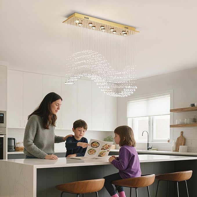 Siljoy Modern Crystal Chandelier 10-Light Rectangular Gold Wave Raindrop Pendant Flush Mount Ceiling Light for Dining Room Living Room Kitchen Island Bar L40'' x W11.8'' x H35.4''