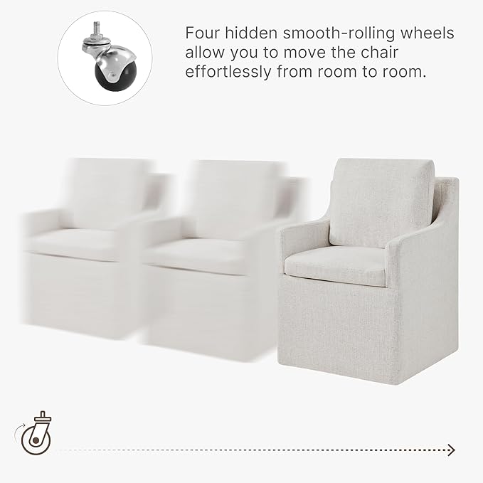 Upholstered Dining Chairs Set of 2, Modern Dining Room Chairs with Casters & Washable Cover, Rolling Accent Chair with Comfy Backrest for Kitchen, Farmhouse, Living Room, Cream Beige, 2 Box