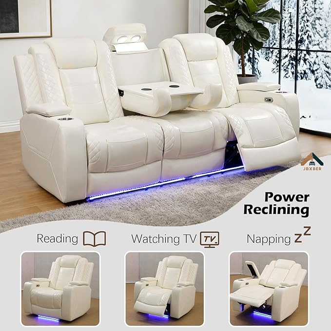 Power Reclining Sofa Set for Living Room, Leather Recliner Couch Set with Drop-Down Table, Power Pads, Cup Holders, Storage Console for House/Home Teather(Sofa, Loveseat and Chiar, Cream)