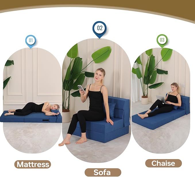 Fvkind Folding Sofa Bed, Foldable Sleeper Chair with Pillow, Convertible Fold Out Chair Bed with Washable Cover, Foldable Mattress for Living Room, Bedroom, Guest Room, Single Size, Blue