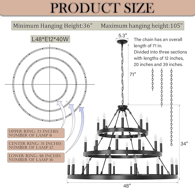 48 Inch Extra Large Black Wagon Wheel Chandelier, 3 Tier 36-Lights Farmhouse Pendant Light Fixture, Horse Wheel Lamp for High Ceiling Living Room, Dining Room, Hall, Porch, Stairs, Entrance, Passage