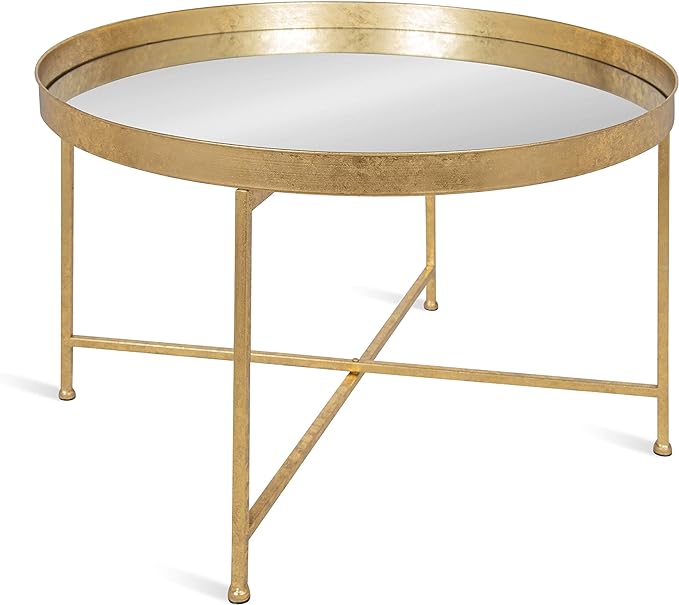Kate and Laurel Celia Metal Foldable Round Accent Coffee Table, 28.25" x 28.25" x 19", Mirrored Surface and Gold Frame, Modern Minimalist Design and Detachable Magnetic Tabletop