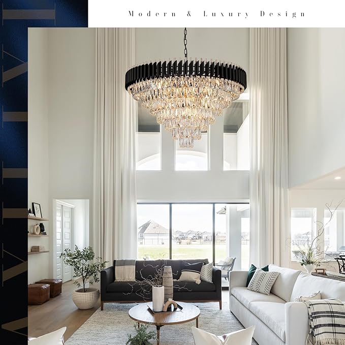 Modern Black and Gold Crystal Chandeliers 35'' Large Chandeliers for High Ceiling 7-Tier 22-Light K9 Crystal Luxury Round Crystal Chandelier Light Fixture for Staircase Living Room Foyer Lobby