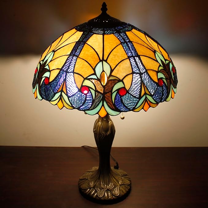 WERFACTORY Tiffany Table Lamp Yellow Liaison Stained Glass Bedside Lamp 16X16X24 Inches Desk Reading Light Metal Base Decor Bedroom Living Room Home Office S160E Series