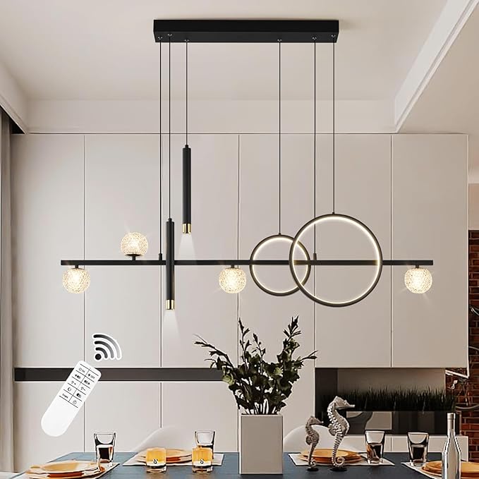 Modern LED Pendant Lights, Dimmable 47in Linear LED Chandelier Lighting, Upgraded Black & Gold Dining Room Hanging Light Fixtures Kitchen Island Globe Pendant Light for Dining Table (4200lm)