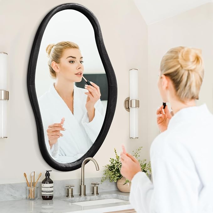 JJUUYOU Irregular Mirror Black Asymmetrical Wooden Wall Mirror 34"x22" Large Home Decorative Wall Mounted Vanity Hanging Mirrors for Bathroom Dressing Room Living Room