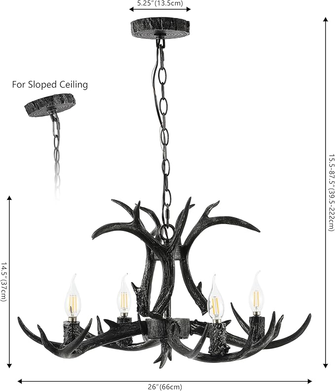 JONATHAN Y 26" Black Rustic Resin Antler 4-Light LED Chandelier, Farmhouse Faux Deer Horn Hanging Ceiling Light for Dining Room, Kitchen Island, Adjustable Light Fixture (JYL6301D)
