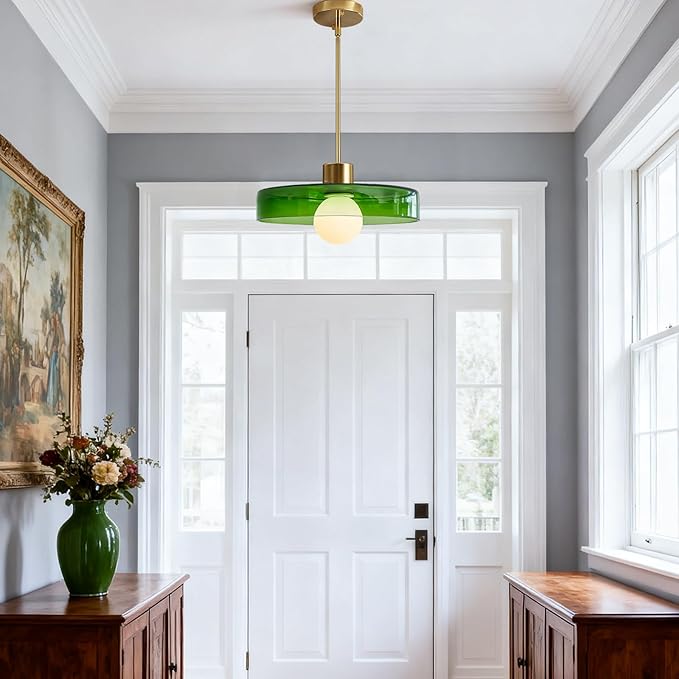 Pendant Lights Kitchen Island: Mid-Century Modern Hanging Light Fixture - Glass Pendant Lamp for Entryway Dining Room Over Table Bedside (Green, 35cm/13.78inch)
