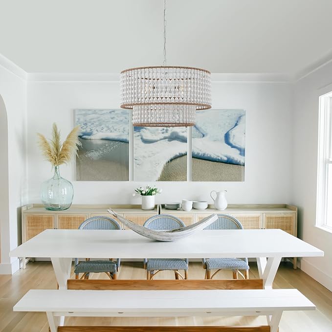 Dia 22 Inch Boho Wood Bead Chandelier Farmhouse, Bohemia Dining Room Light Fixture Over Table, White Bead Pendant Chandelier for Bedroom Kitchen Hallway Entryway Nursery Living Room Foyer