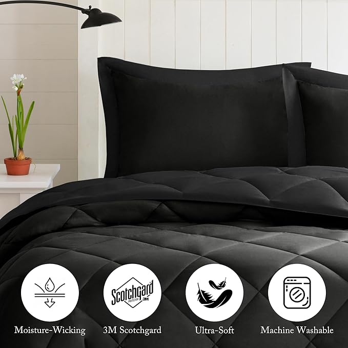 Madison Park Comforter Set, Reversible Down Alternative All Season Microfiber Bedding, 3M Scotchgard Stain Release, Full/Queen Dorm Comforter, Black/Black
