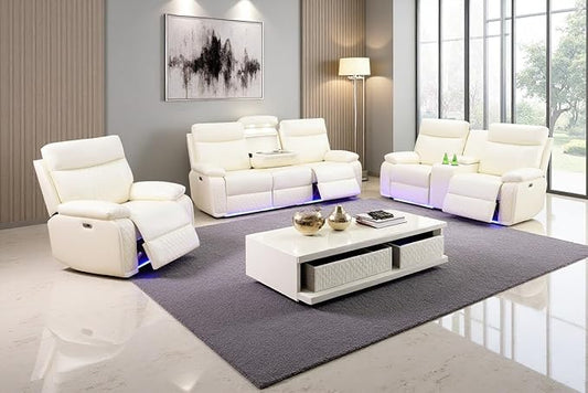 A Ainehome Leather Power Recliner Sofa Set with LED, 3 Pieces Living Room Furniture Sets, Power Leather Reclining Sectional Sofa Couches for Living Room with USB Port/Storage Console/Cup Holders