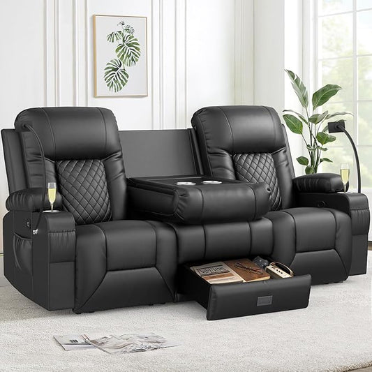 FURNIMAT New Loveseat Recliner Sofa, 3 Seater Reclining Sofa with Flip Back Console, Modern PU Leather Reclining Couch for Living Room/RV, with Storage, USB Port, Cup Holder, Cell Phone Holder, Black