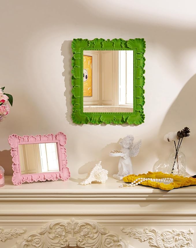 Unique Mirror Wall Decor with Resin Leaf Frame and Soft Velvet Touch for Bedroom Aesthetic, 14x12 Decorative Hanging Mirror Art Gift for Wedding Birthday Housewarming Christmas (Lawn Green)