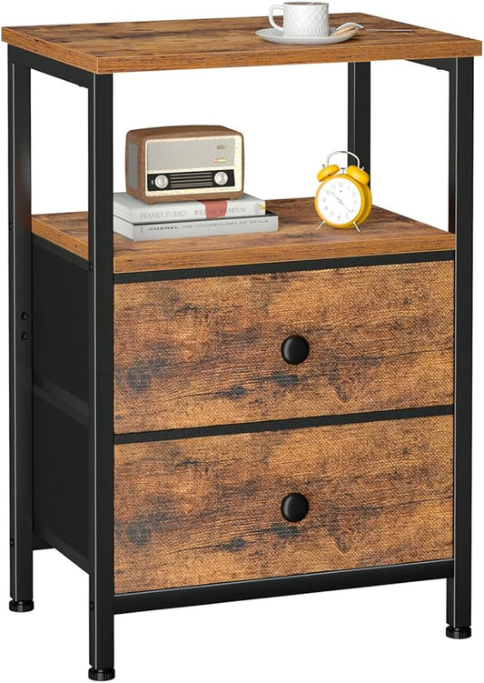 Night Stand for Bedroom, Nightstand with 2 Fabric Drawers, Small Bed Side Table Table with Open Storage Shelf for Living Room, Rustic Brown, HETS002BR-1