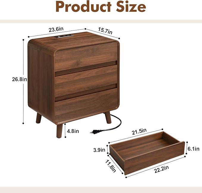 3 Drawer Dresser, Mid Century Modern Bedroom Dresser with Charger Station, Small Wooden Bed Side Table, Curved Beveled Design, Walnut