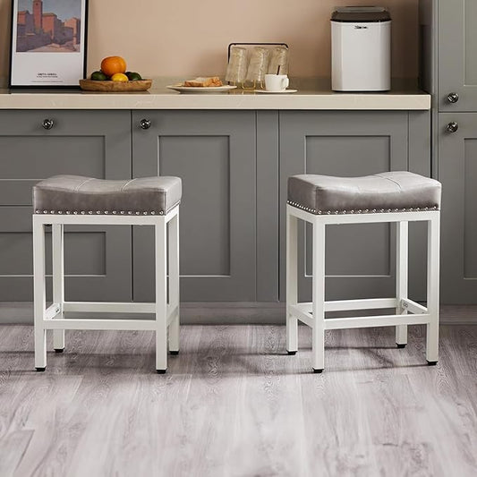 Bar Stools Set of 4, Upholstered Counter Height Stools with Padded Seats and Metal Base, Leather Saddle Stool for Modern Kitchen Island, 22.4-Inch, Grey