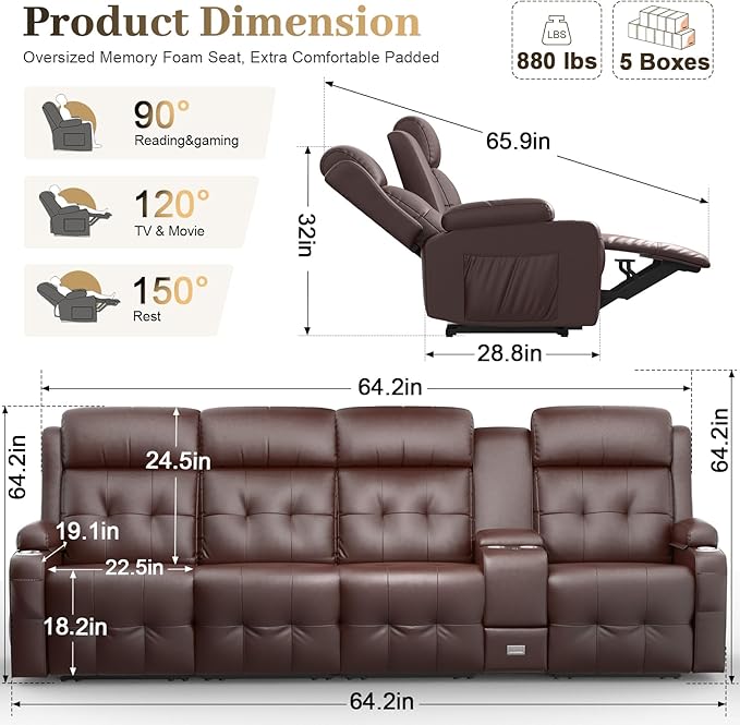 Recliner Sofa, 4 Seater Massage Reclining Loveseat Sofa Sets, 1 Single Power Recliner Chairs Heat & Massage, Heavy Weight Capacity, RV Clearance Love Seat Couch with Console, USB, Type C Port