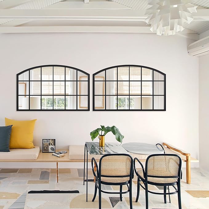 Arched Window Mirror, Matte Black Window Pane Mirror, Grid Metal Frame Arch Mirrors, Windowpane Wall Decorative Mirrors for Living Room, Entryway, 44" x 28"