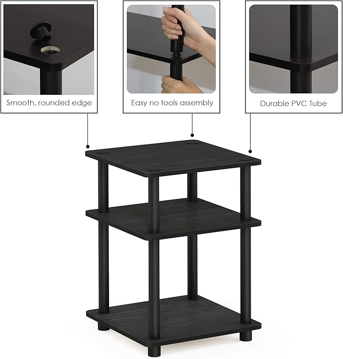 Furinno TURN-N-TUBE Side Table, 3-Tier Square Modern End Table, Open Shelves Nightstand, Night Stand, Bedside Table, Easy Assembly, for Living Room, Bedroom, Blackwood | Easy Assembly, Multipurpose