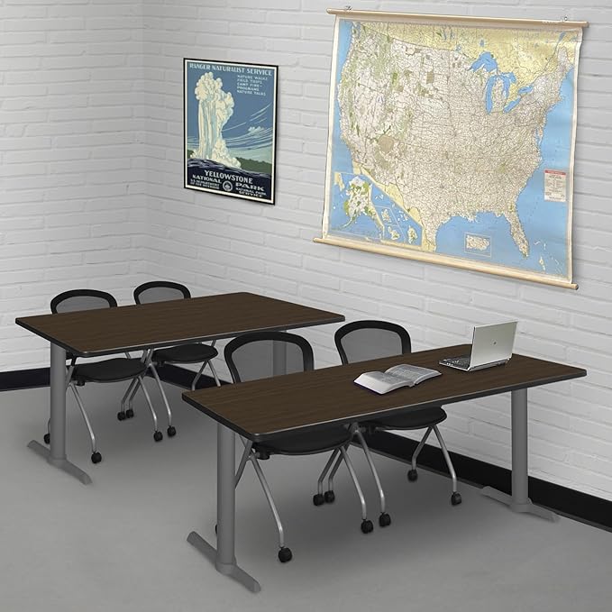 Regency Cain 60 x 24 in. Training Seminar Table – Durable T-Base Training Desk with Laminate Top, Scratch & Stain Resistant Surface, Rounded Corners (Neo Walnut, Grey Base)