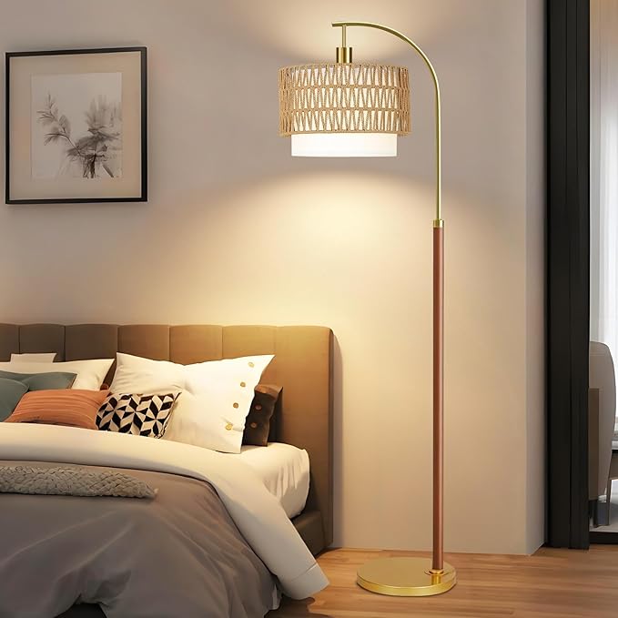 Boho Floor Lamps for Living Room Wood Floor Lamp with Remote Control,Dimmable Rattan Floor Lamps Wicker Lamp Shades Black Standing Lamp with 3 Color Temperature Tall Floor Lamp For Bedroom Corner