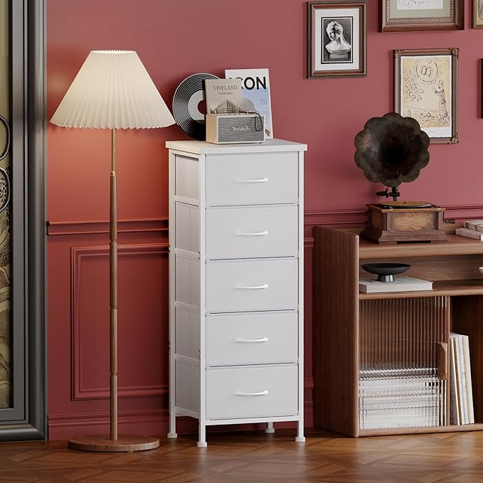 Fixwal White Tall Dresser for Bedroom, Closet Organizers and Storage Tall Fabric Dresser for Closet, Drawer Organizer with 5 Drawers, Bedroom Furniture