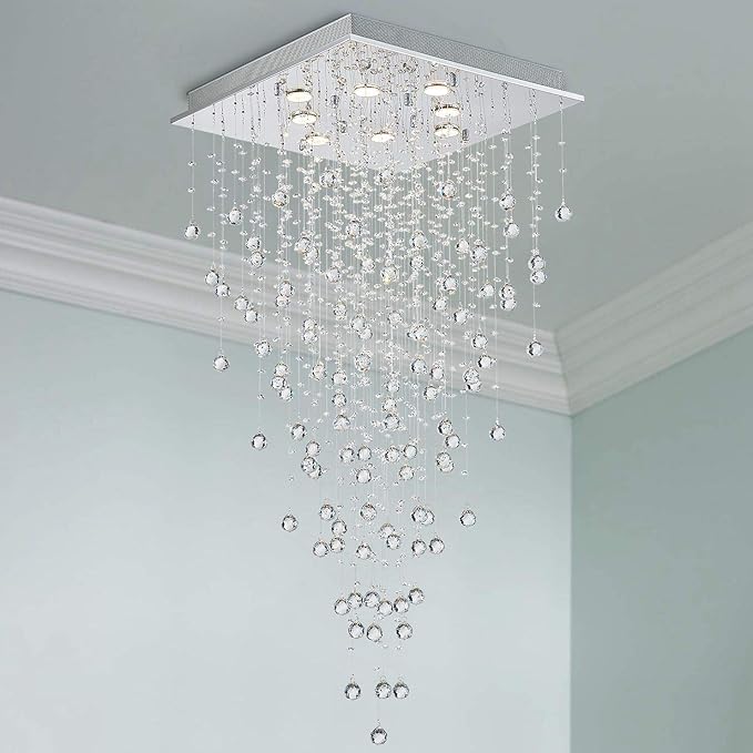 Bestier Modern Crystal Square Raindrop Chandelier Lighting Flush Mount LED Ceiling Light Fixture Pendant Lamp for Dining Room Bathroom Bedroom Livingroom 8 GU10 Bulbs Required 22 in Wide 47 inch High