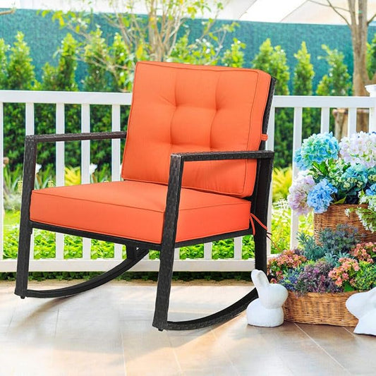 Tangkula Wicker Rocking Chair, Outdoor Glider Rattan Rocker Chair with Heavy-Duty Steel Frame, Patio Wicker Furniture Seat with 5” Thick Cushion for Garden, Porch, Backyard, Poolside (2, Orange)