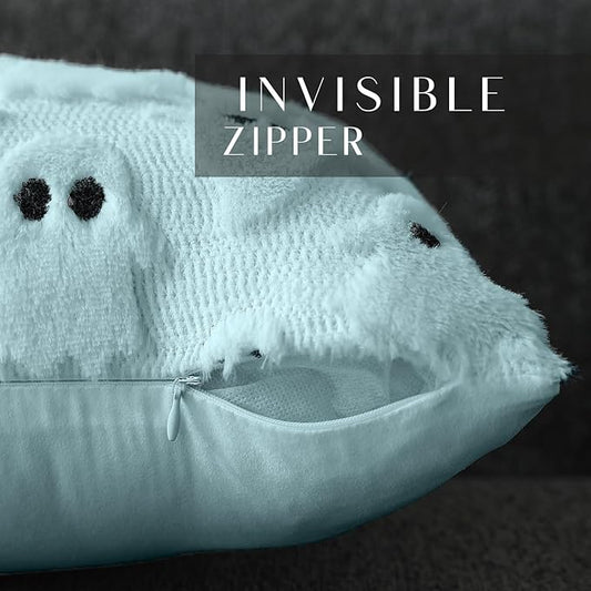 DFXSZ Halloween Pillow Covers 16x16 inch Set of 2 Blue Ghost Throw Pillow Cases Soft Plush Faux Fur Wool Couch Cushion Case for Chair Sofa Bedroom Living Room Home Decor PTK03G16