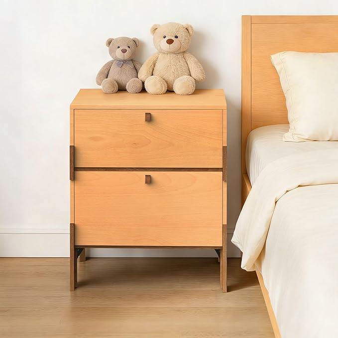 23" Night Stand, Easy Assembly Bedside Table with 2 Storage Drawers, Mid-Century Style Wood End Table for Bedroom, Dormitory, Basswood Color (1 pcs)