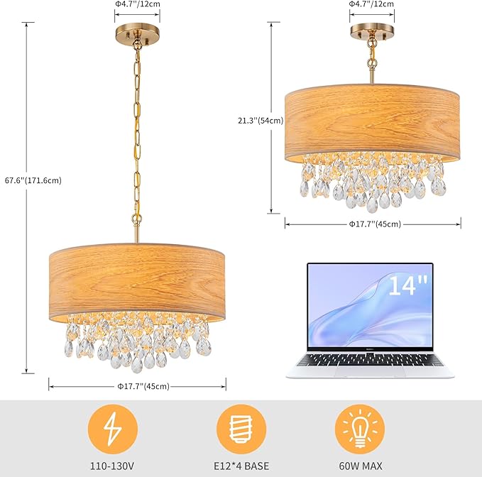 4-Light Drum Wood K9 Crystal Chandeliers, Nature Boho Style Pendant Light Fixture for Dining Room, Living Room, D18 x 21~68"(Adjustable), Solid Wood Lampshade & Gold Finish