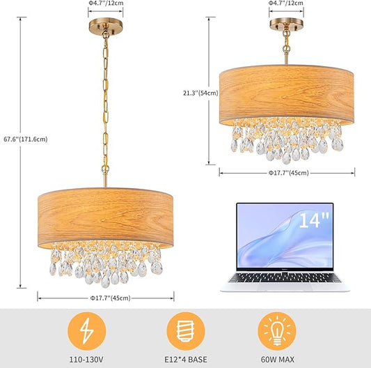 4-Light Drum Wood K9 Crystal Chandeliers, Nature Boho Style Pendant Light Fixture for Dining Room, Living Room, D18 x 21~68"(Adjustable), Solid Wood Lampshade & Gold Finish