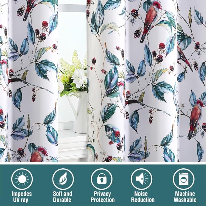 H.VERSAILTEX 100% Blackout Curtains 108 inch Length 2 Panels Set Printed Drapes Thermal Insulated Curtains for Bedroom with Black Liner Sound Proof Curtains, Wild Berry and Bird