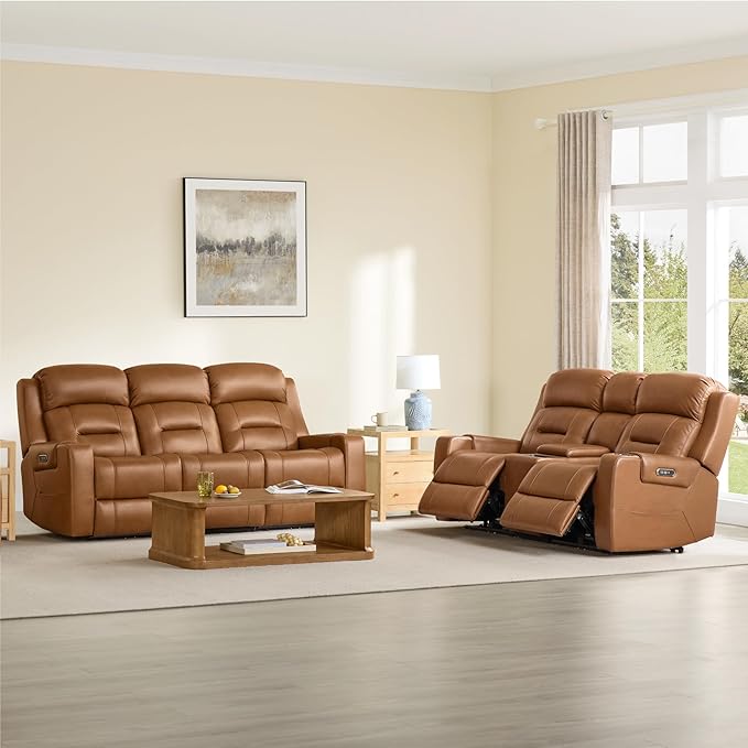 Watson & Whitely Genuine Leather Power Loveseat and Recliner Sofa Set, Lay Flat Reclining Couch with Console, Power Headrest, USB & Wireless Charging, Cup Holders for Living Room, Saddle Brown