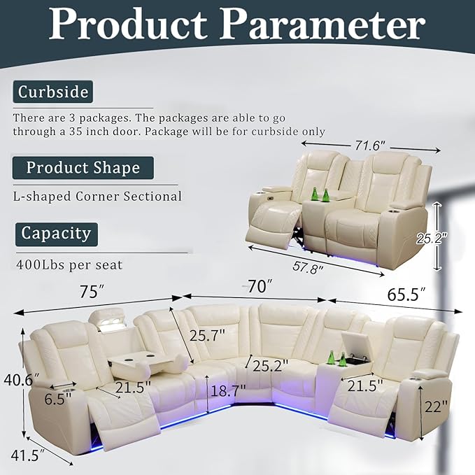 Power Recliner Sectional Sofa Set, Creamy Leather Sectional Couch and Loveseat for Living Room, L Shape Reclining Sofa with Cup Holder, Hidden Storage, Drop-Down Table for House(8 Seat)