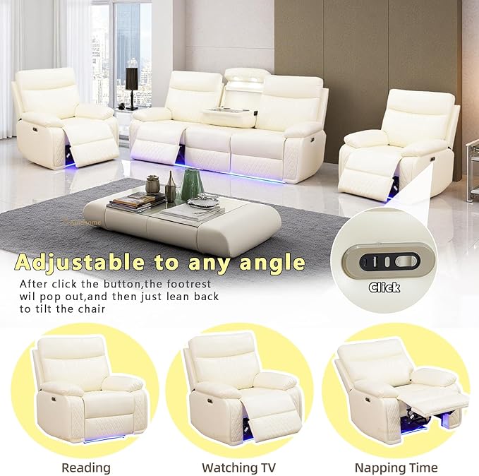 A Ainehome Power Recliner Sofa Set, Vanilla White Leather Reclining Couch & Chair Set, Living Room Furniture Sets, Luxury 3 Piece Living Room Furniture with Storage/Charging for Office/Home Theater