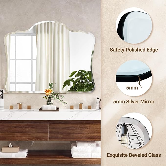 Muzilife 28 x 22 Frameless Cloud-Shape Wall Mount Mirror Bathroom Wall Decor Luxury Vanity Mirror for Bedroom Livingroom Dining Room Entryway Hallway