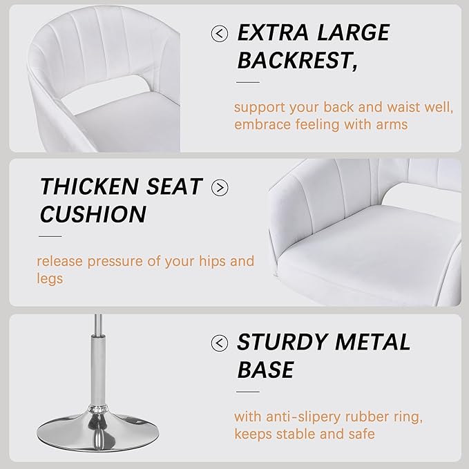VECELO Velvet Accent Chair, Adjustable Luxury Vanity & Dining Chair with Gold Barstool Base, 360°Swivel Upholstered Armchair for Living Room, Bedroom, Home Office, Pearl White