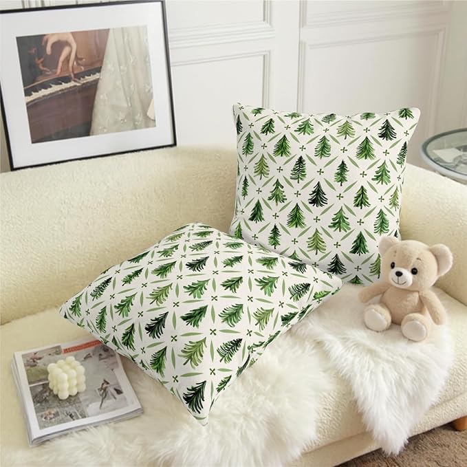 Christmas Tree Pillow Covers 18x18 Set of 2 Sage Green Xmas Farmhouse Print Outdoor Decorative Pillow Cases Winter Holiday Decorations Throw Cushion Case for Couch Sofa Bed