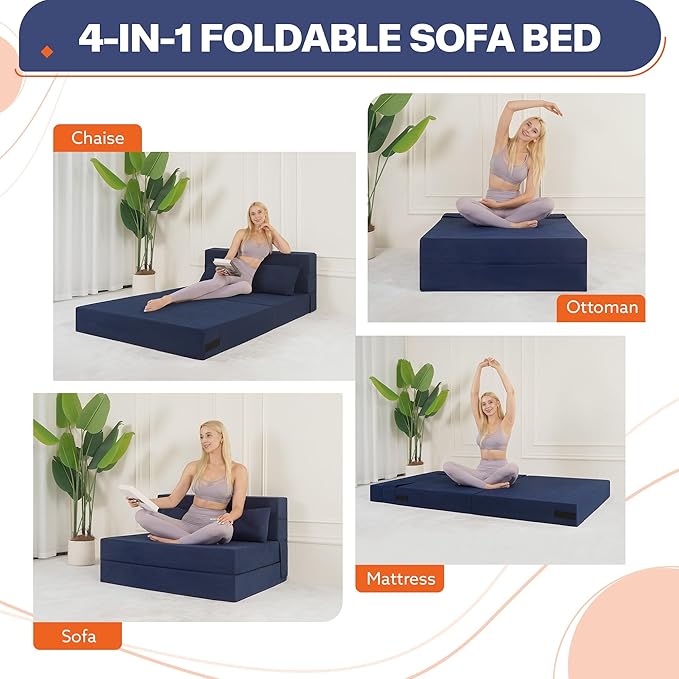 Fvkind Folding Sofa Bed, 4 in 1 Convertible Sleeper Sofa Bed Chair with Pillow, Twin Memory Foam Loveseat Futon Sleeper Chair, Foldable Futon Couch for Living Room, Bedroom, Guest Room, Blue