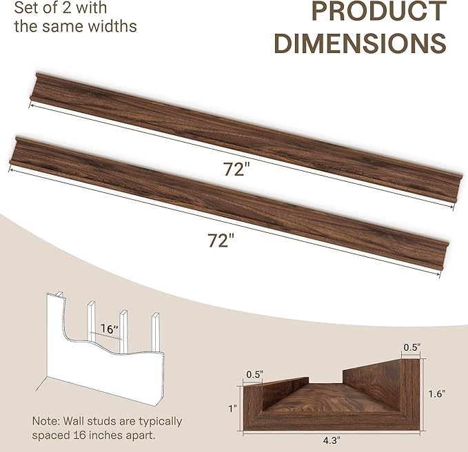 Fun Memories Long Wall Shelves Set of 2-72 Inch Floating Shelves for Wall - Picture Ledge Shelf with Lip for Storage - Wall - Mounted Shelves for Bedroom - Living Room - Kitchen - Walnut Color