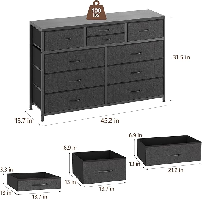 GAOMON 10 Drawers Fabric Dressers for Bedroom, Modern Chest of Drawers, Lightweight Entertainment Center with Fabric Bins for Living Room, Hallway, 45" Wide TV Stand Dressers, Wood Top (Black_1)