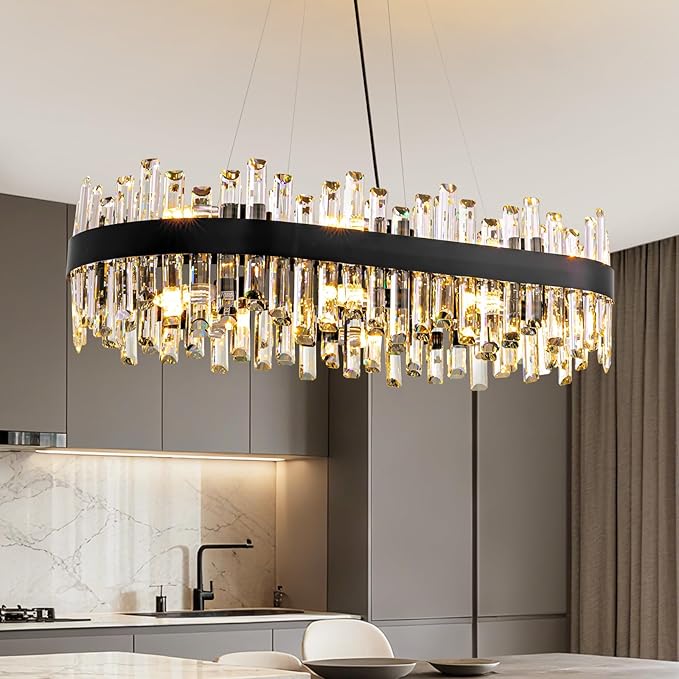 CROSSIO Modern Black Crystal Chandelier, 16-Light Rectangular 2-Tiers K9 Crystal Raindrop Chandelier, Luxury Flush Mount Hanging Ceiling Light for Dining Room Living Room Kitchen Island L35.4''