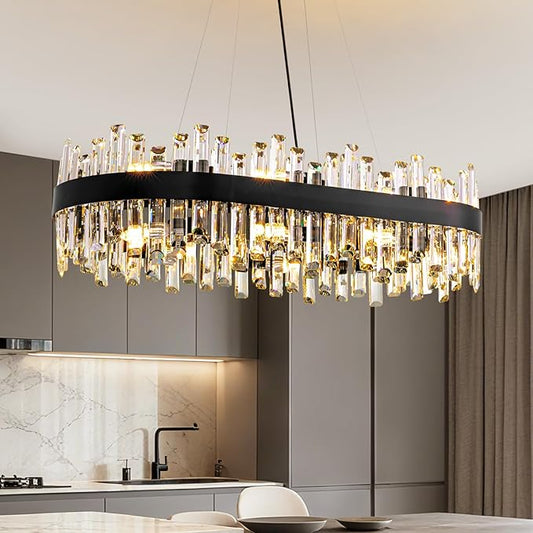 CROSSIO Modern Black Crystal Chandelier, 16-Light Rectangular 2-Tiers K9 Crystal Raindrop Chandelier, Luxury Flush Mount Hanging Ceiling Light for Dining Room Living Room Kitchen Island L35.4''