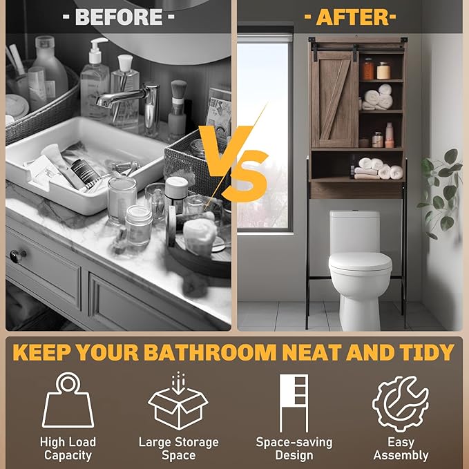 Over The Toilet Storage Cabinet, Behind Toilet Bathroom Organizer with Adjustable Shelves, Above Toilet Organizers with Barn Door, Space Saver for Restroom, Bathroom, Laundry, Grey