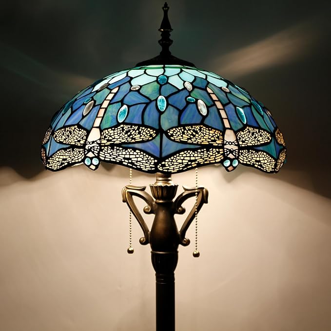 Tiffany Floor Lamp Blue Dragonfly Stained Glass Standing Reading Light 16X16X64 Inches Antique Pole Corner Lamp Decor Bedroom Living Room