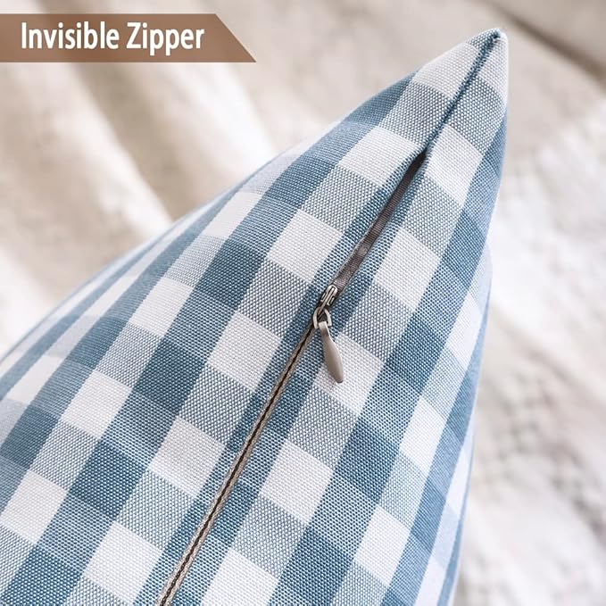CARRIE HOME Light Blue Farmhouse Buffalo Plaid Pillow Covers 18x18 Set of 2 Patio Outdoor Decor Neutral Checkered Pillow Covers 18 x 18, Blue and White Gingham