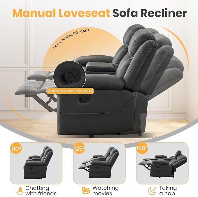 Reclining Loveseat Recliner Sofa with Massage & Heating, Reclining Loveseat with Console, RV Wall Hugger Double Loveseat Recliner Couch for Living Room & Home Theater (Grey)